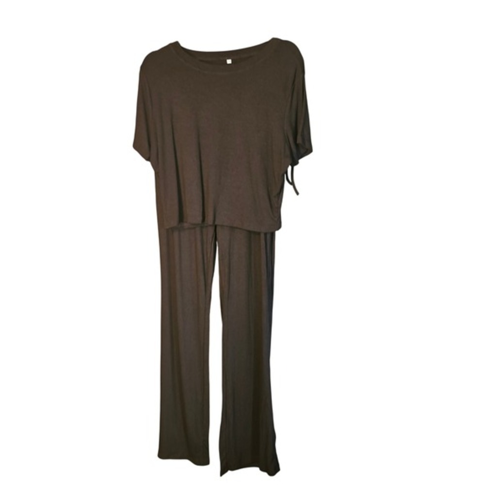 Womens Black Loungewear Set Short Sleeve Crop Top Wide Leg Pants Size Small/Med